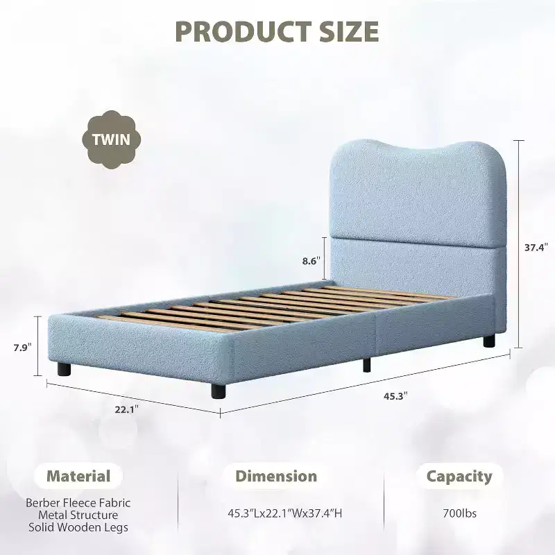 Twin Bed Frame for Kids Low Profile Platform Bed for Girls and Boyswith Velvet Upholstered Headboard, Strong Wooden SlatsEasy Assembly
