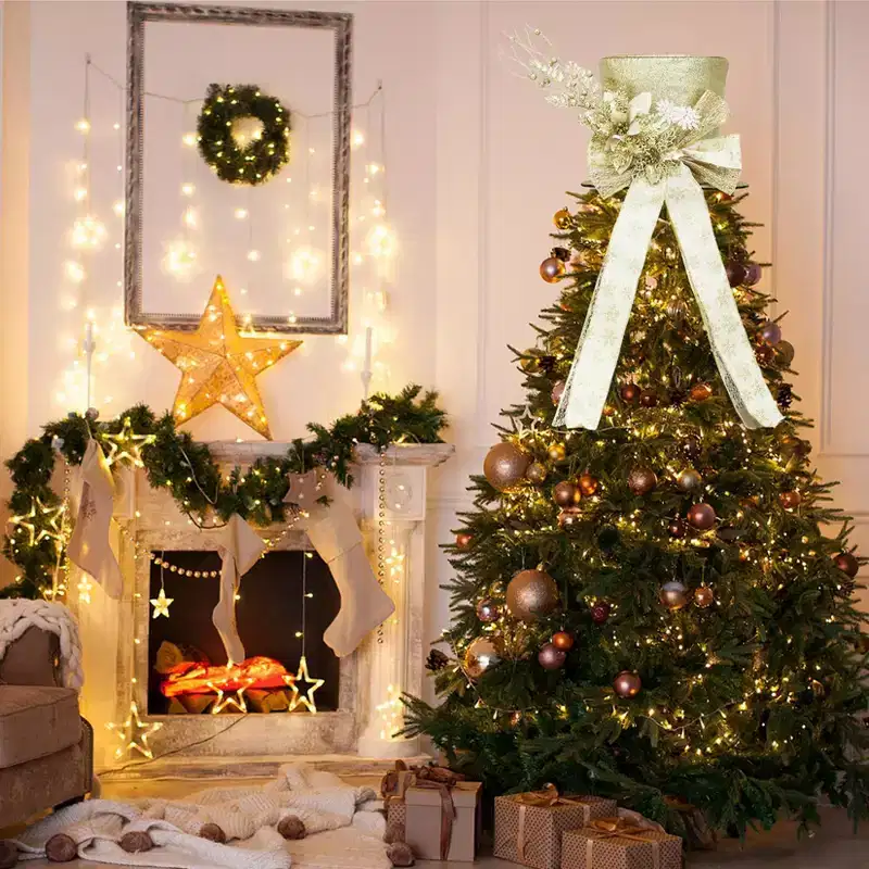 Christmas Tree Topper Bow, Xmas Elegant Sparkling Holiday Decoration with Snowflakes and Decorative Spruce Branch