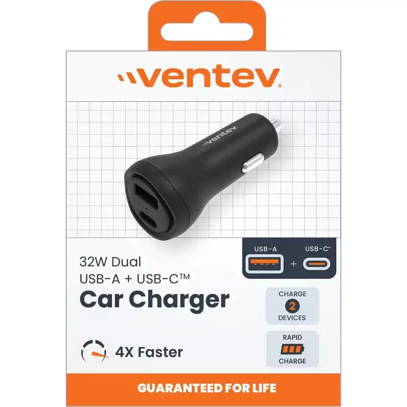 Ventev 32W Ultrafast Usb-C And Usb-A Universal Dual Car Charger Black
