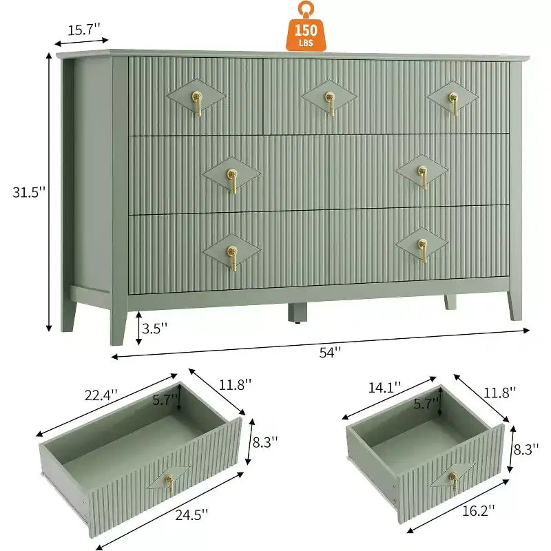 Dresser for Bedroom with 7 Drawers, 54 Wide Modern Chest of Drawers with Metal Handle, Dresser TV Stand, Wood Drawer Organizer for Bedroom
