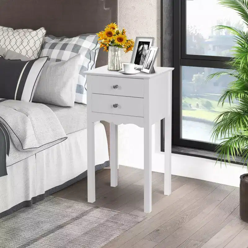 Costway Side Table End Accent Table Night Stand W/ 2 Drawers Furniture White