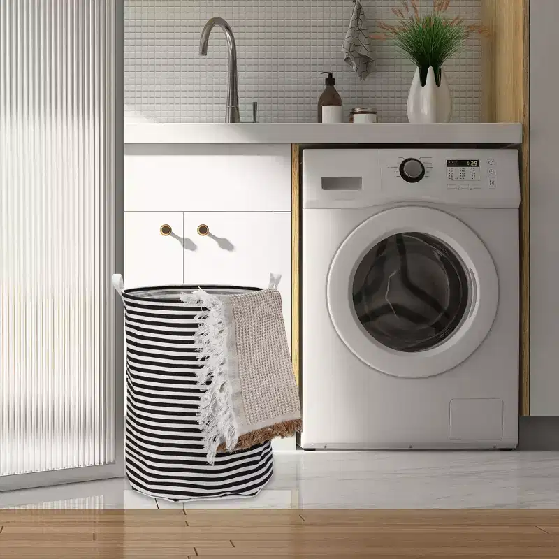 Unique Bargains 3661 Cubic-in Foldable Cylindrical Laundry Basket Black 1 Pc Stripe