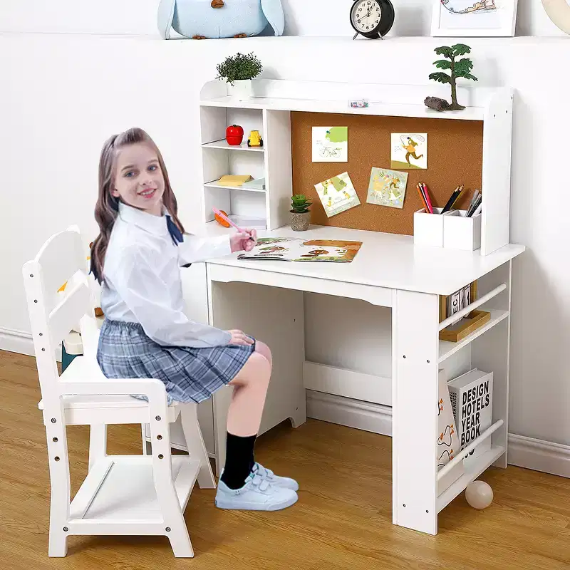 Kids Study Desk and Chair Set with Bookshelf, Bulletin Board & Cabinet - Wooden Study Table for Boys and Girls Ages 3-8