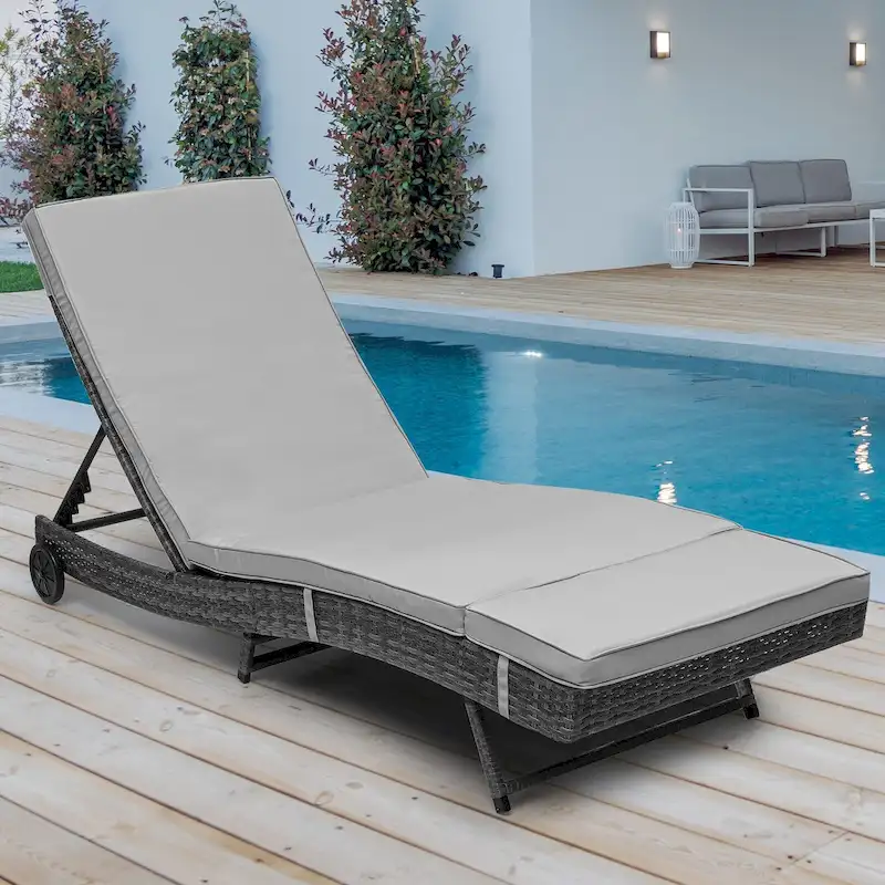 Wicker recliner, outdoor PE cane pool recliner with adjustable back and removable mat and wheels