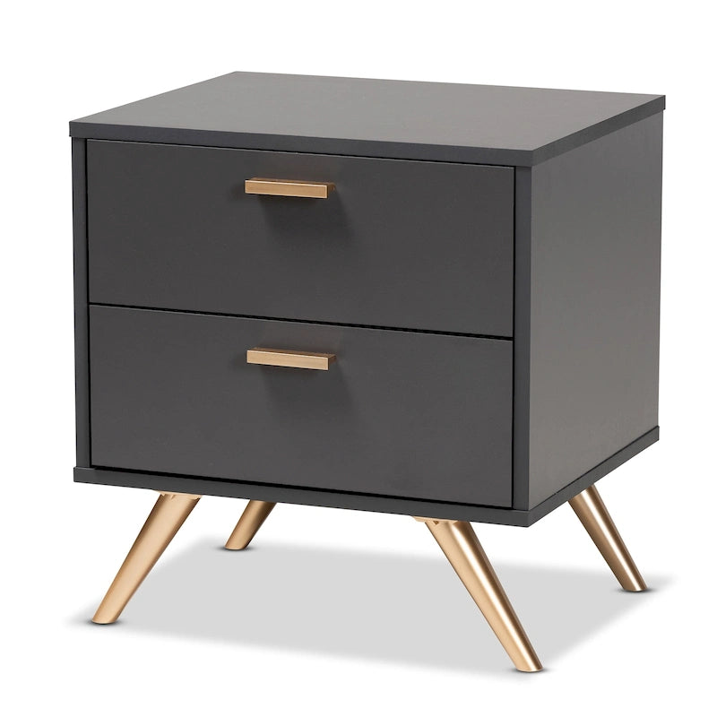 Modern Dark Grey and Gold Finished Wood 2-Drawer Nightstand
