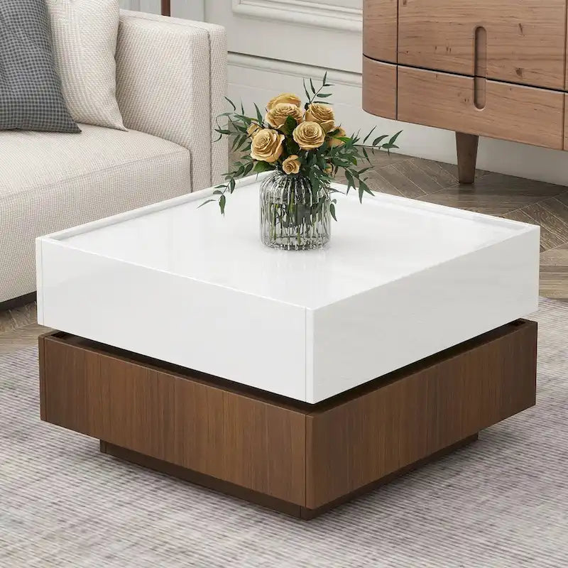 360�� Rotating 2-Tier Coffee Table with 2 Drawers & High-Gloss Top