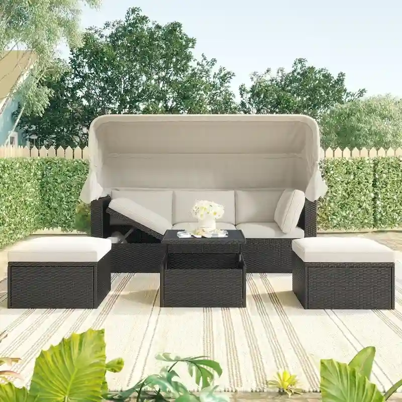 Outdoor Patio Rectangle Daybed with Retractable Canopy with Cushions