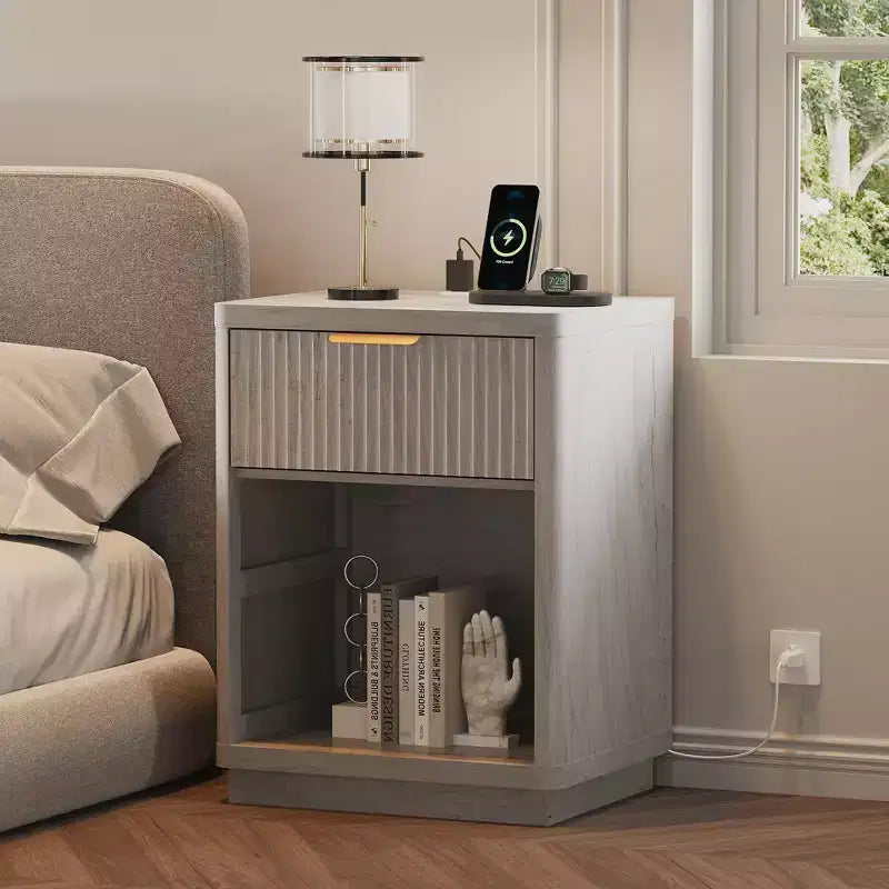 Nightstand with Charging Station, Drawers & Open Shelf, Modern Wood Bedside Table for Bedroom/Living Room/Office