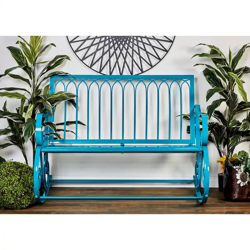 Metal Scroll Rocking Outdoor Bench - Teal - Roche River Decor - 37W x 49L x 37H