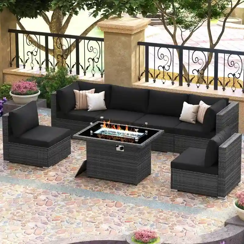 FINCATI Outdoor 7-piece High-back Wicker Patio Sectional Set with 43 Fire Pit Table, 500 lbs Luxury Oversized Conversation Set
