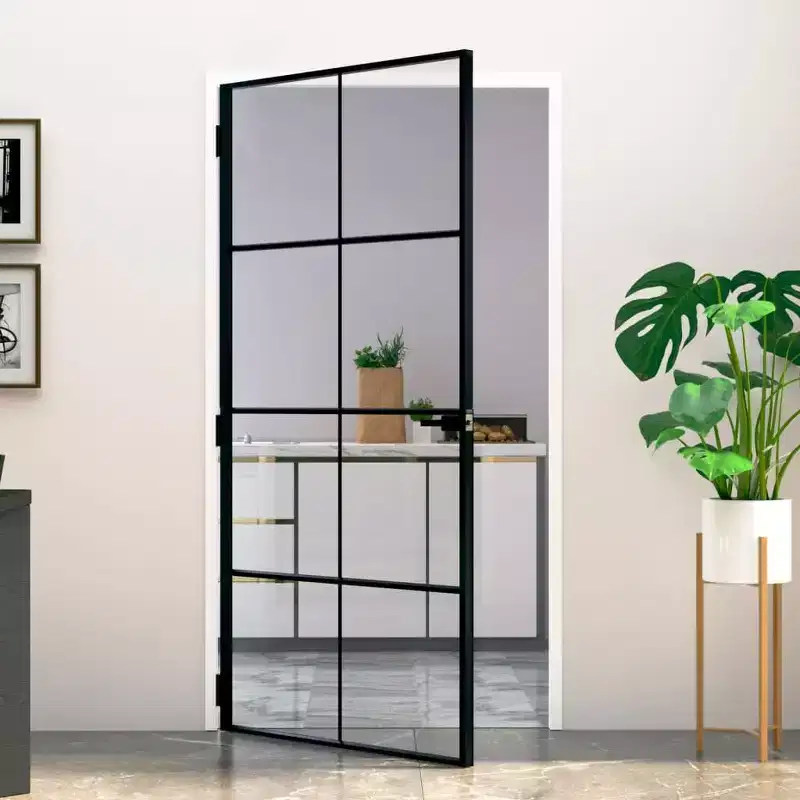 vidaXL Interior Door Black 40.2x79.3 Tempered Glass&Aluminum Slim