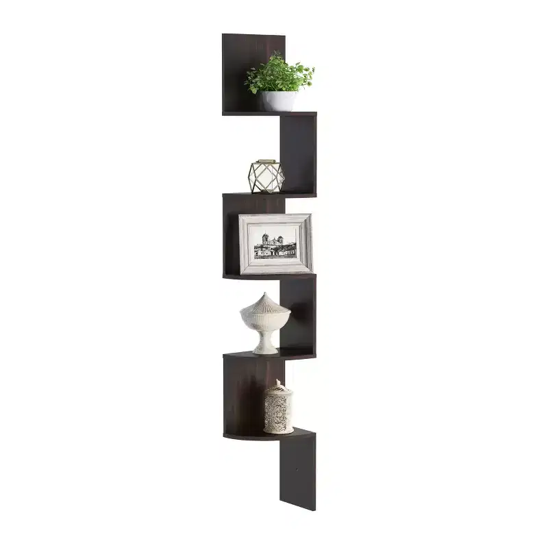 Hastings Home 5-Tier Floating Corner Shelf, Wall Shelves with Hidden Brackets to Display Dcor, Books, Photos, More, Matte Espresso Brown