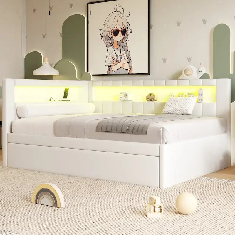 Lit plateforme rembourré avec ports USB et éclairage LED - Cadre de lit double/simple avec 2 tiroirs de rangement - Chambre moderne