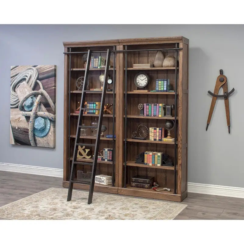 8' Tall Bookcase Wall With Ladder, Storage Organizer, Display Shelf for Office, Brown - 80W x 94H x 15D