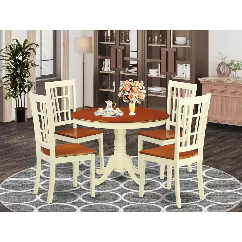 HomeStock 5-Piece Round Buttermilk and Cherry Finish Solid Wood Top Dining table with 4 Chairs