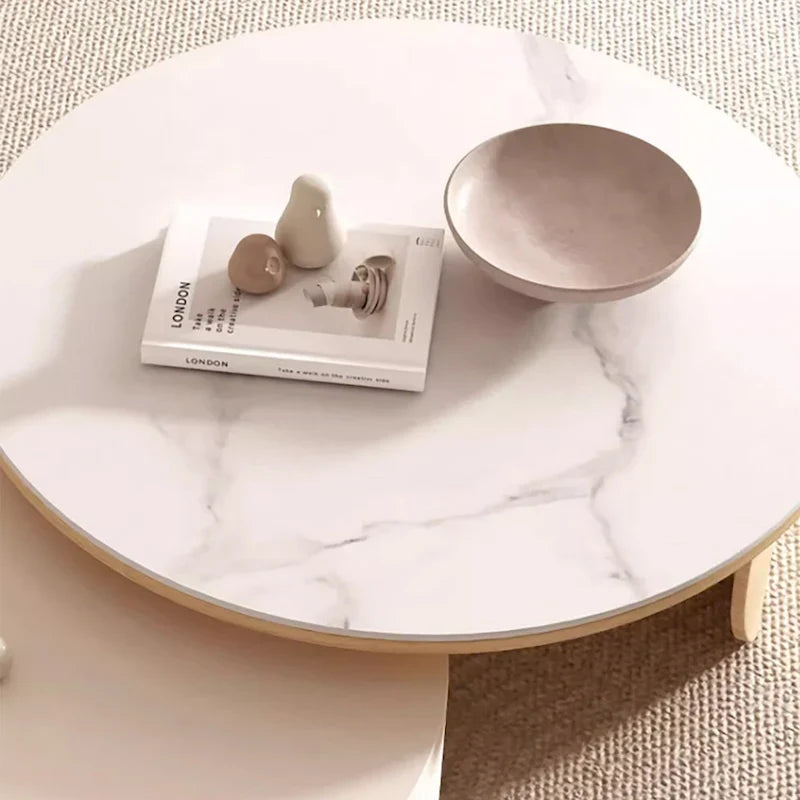 Modern Round Coffee table, Stone Table-top, Natural Wood - 50  x 31.5