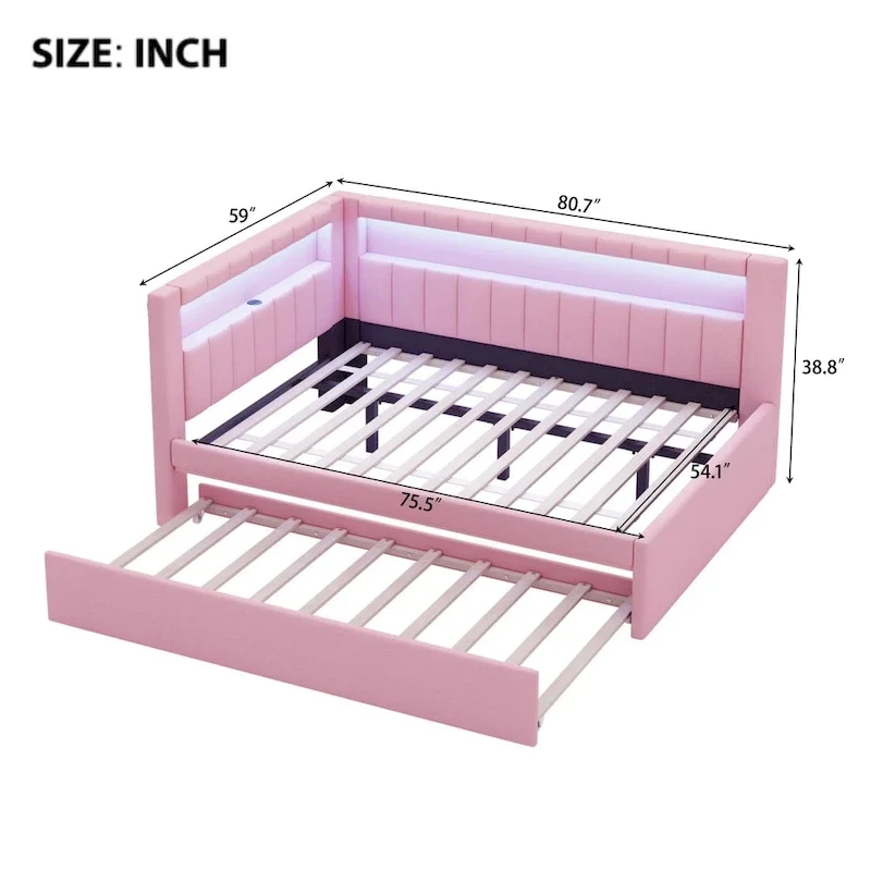 Lit plateforme rembourré avec ports USB et éclairage LED - Cadre de lit double/simple avec 2 tiroirs de rangement - Chambre moderne