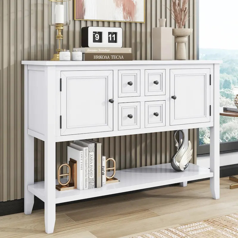 Vintage Console Table with Four Small Drawers and Bottom Shelf