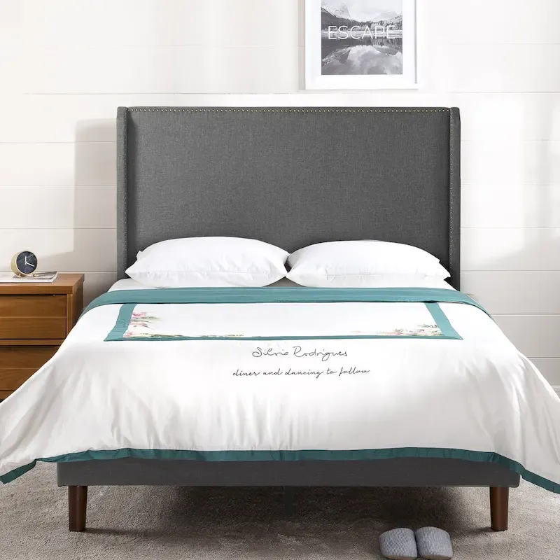 Dark Grey Upholstered Wingback Platform Bed with Nailhead Headboard – Full, Queen or King