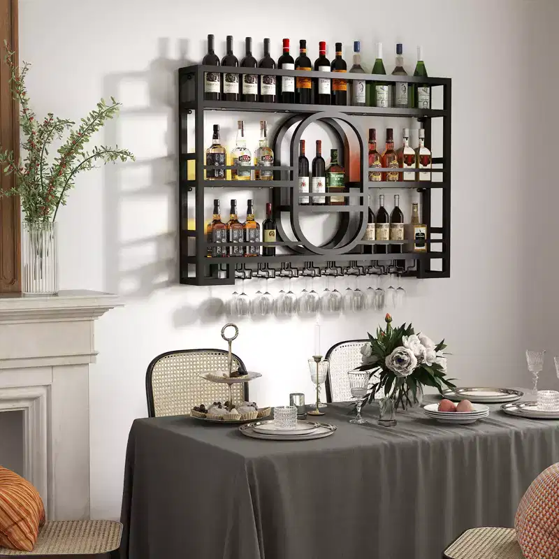 Bekrvio 39/47 Wall Mounted Wine Rack, Metal Floating Bar Shelves with Wine Glass Holder, Industrial Liquor Shelf for Home Bar Kitchen Dining