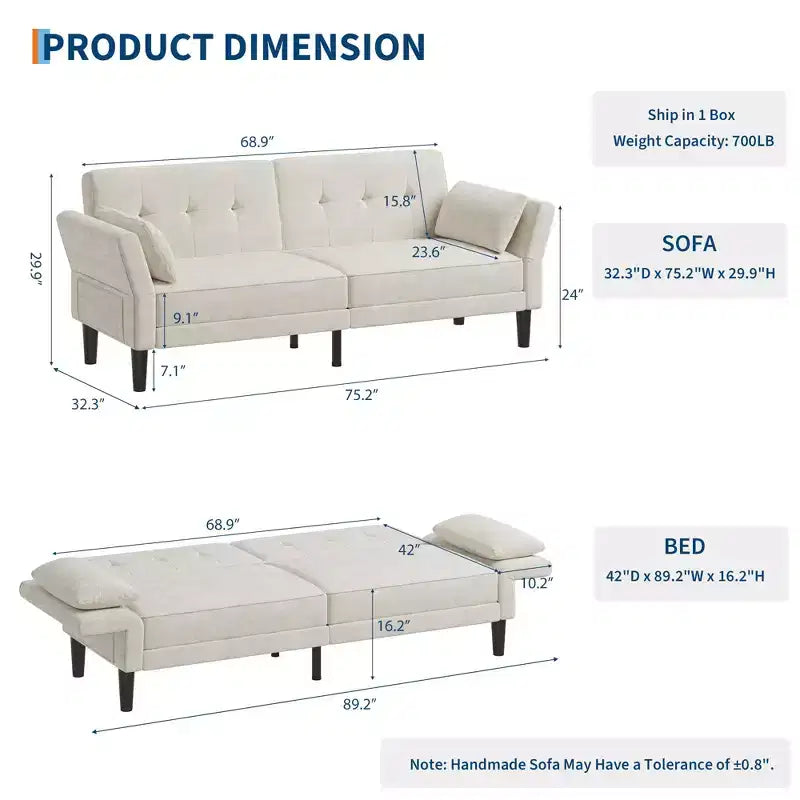89 Modern Sofa Bed with 2 Pillows Upholstered Chenille Futon Sofa Bed with Adjustable Backrest Deep Seat Sofa Bed for Living Room Apartment