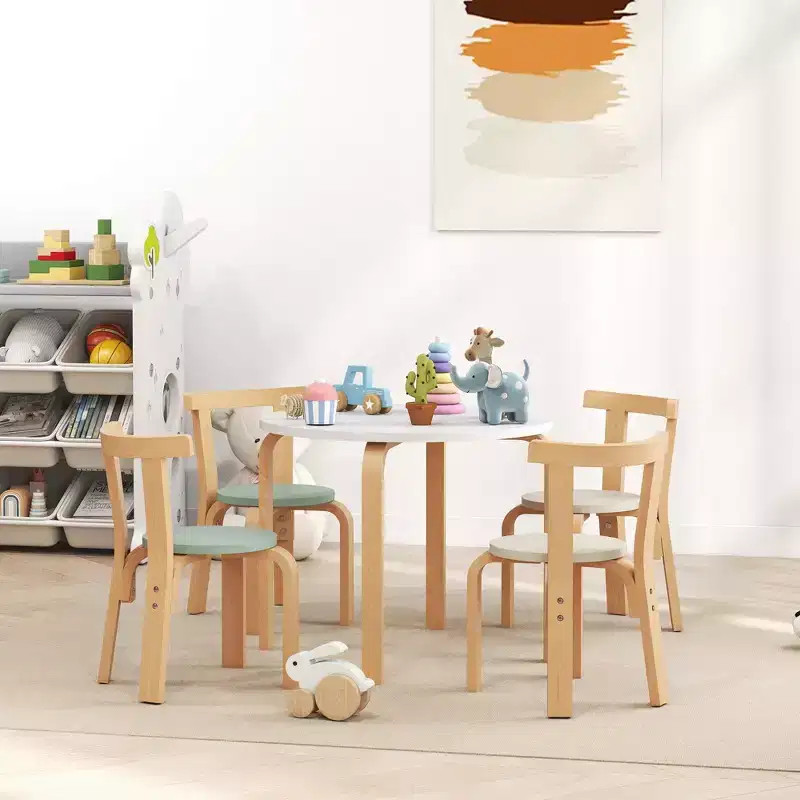 Qaba Kids Table and Chairs Set, 5 Piece Wooden Toddler Table and 4 Chairs Set for Kids Arts, Crafts, Drawing, Read, for Playroom, Nursery, Green