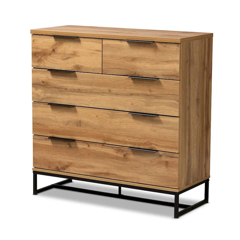 Oak and black metal five-drawer bedroom wardrobe