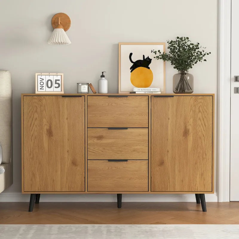 Sideboard Buffet Cabinet with 3 Drawers and 2 Doors, Natural