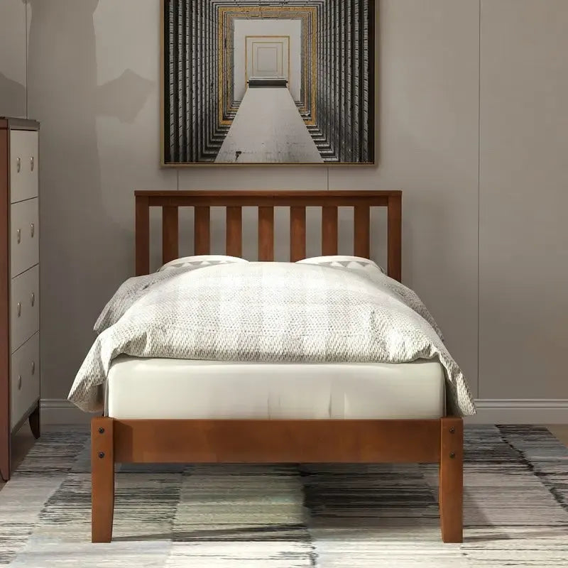 Twin Wood Platform Bed with Headboard and Wood Slat Support