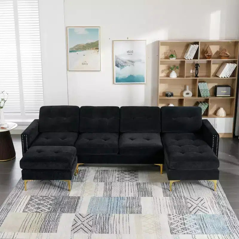 110.6 L-Shape Convertible Sectional Sofa with Ottoman - Velvet Upholstered, Storage Pockets & Adjustable Configurations