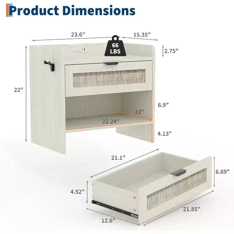 Rattan Nightstand, Bedside Table, Night Stand with Charging Station, 1 Storage Drawer and Open Storage Space, Suitable for Bedroom