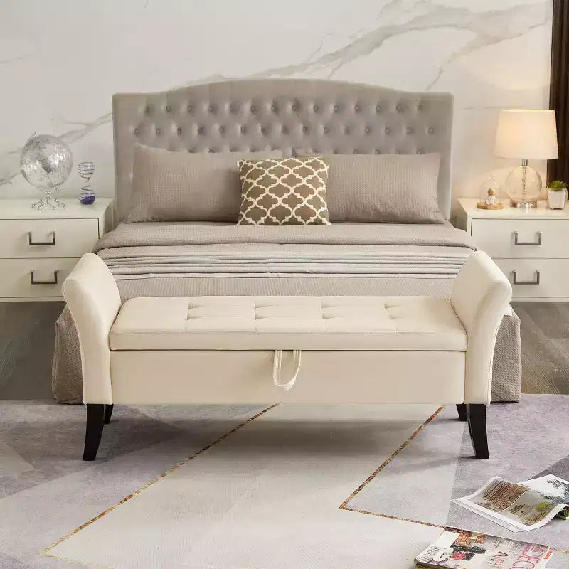 Furniliving 51.5 Bed Bench with Storage, Upholstered Velvet Tufted, with Solid Black Wooden Legs, For Bedroom/Entryway