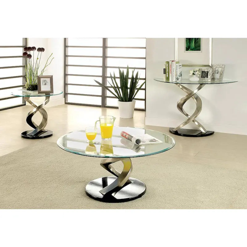 Contemporary Silver Half-Moon Sofa Table | 8mm Tempered Black Glass Top | Double Helix Metal Base | 45