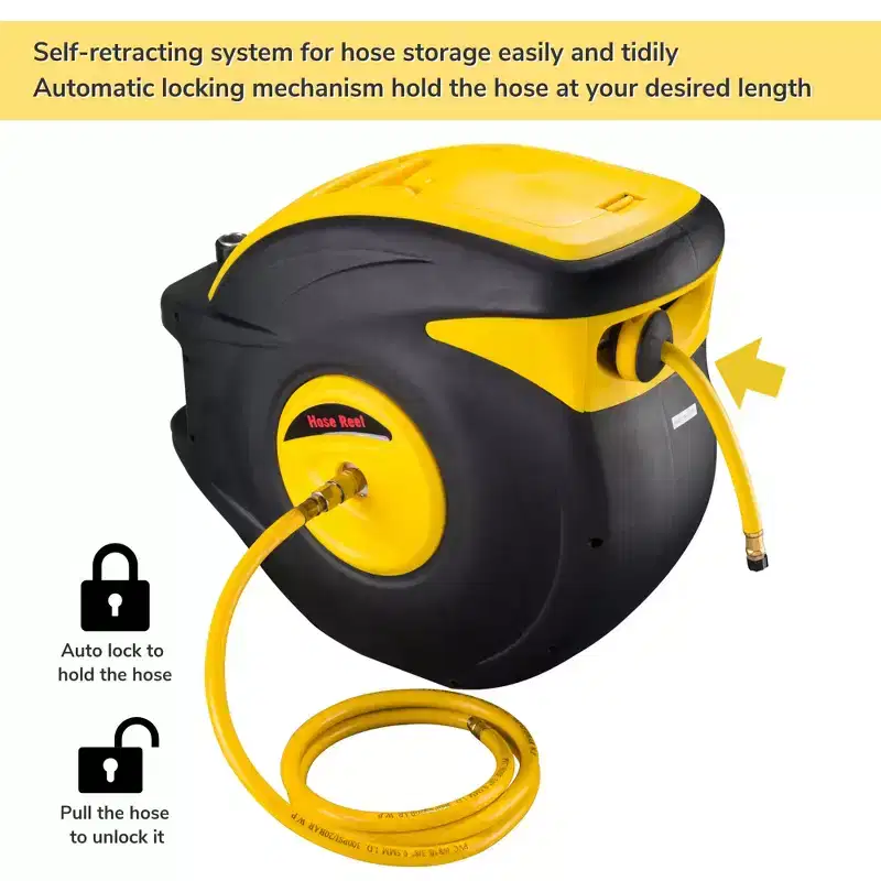 Yescom 3/8 x 100 ft Retractable Air Hose Reel 300 PSI Max Auto Rewind Ceiling / Wall Mount 180 Swivel Air Compressor