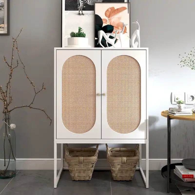 Rattan Door Storage Cabinet with Adjustable Shelf White Walnut Black Brown