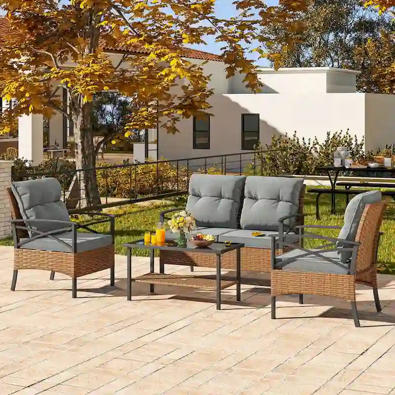 Moasis 4-Piece Patio Furniture Wicker Outdoor Bistro Set All-Weather Rattan Conversation Loveseat Chairs - 4 Pcs