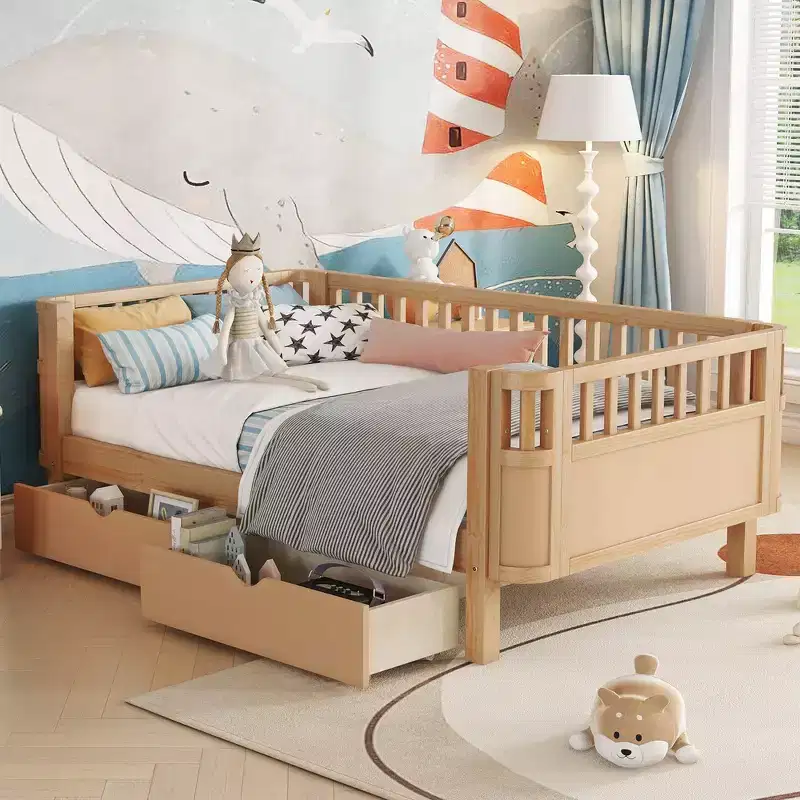 Modern and Elegant Twin Size Wood Platform Bed with Rails for Girls and Boys