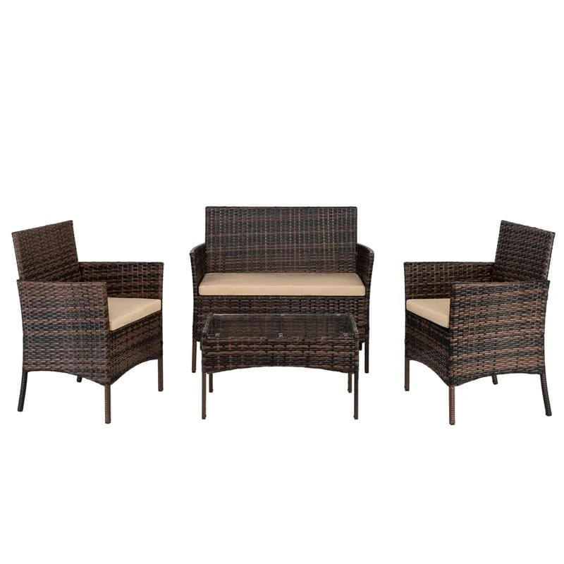 Outdoor 4-Piece Brown Wicker Rattan Conversation Set with Khaki Cushion
