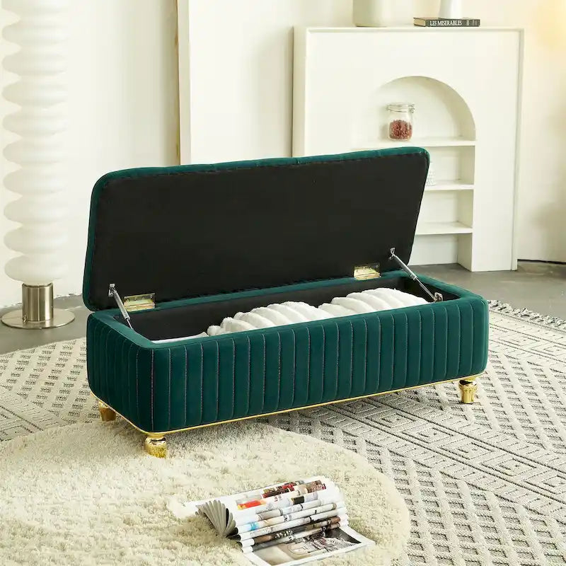 Velvet Storage Ottoman Bench with Lift-Top Lid, Channel Stitching & Gold Ball Legs