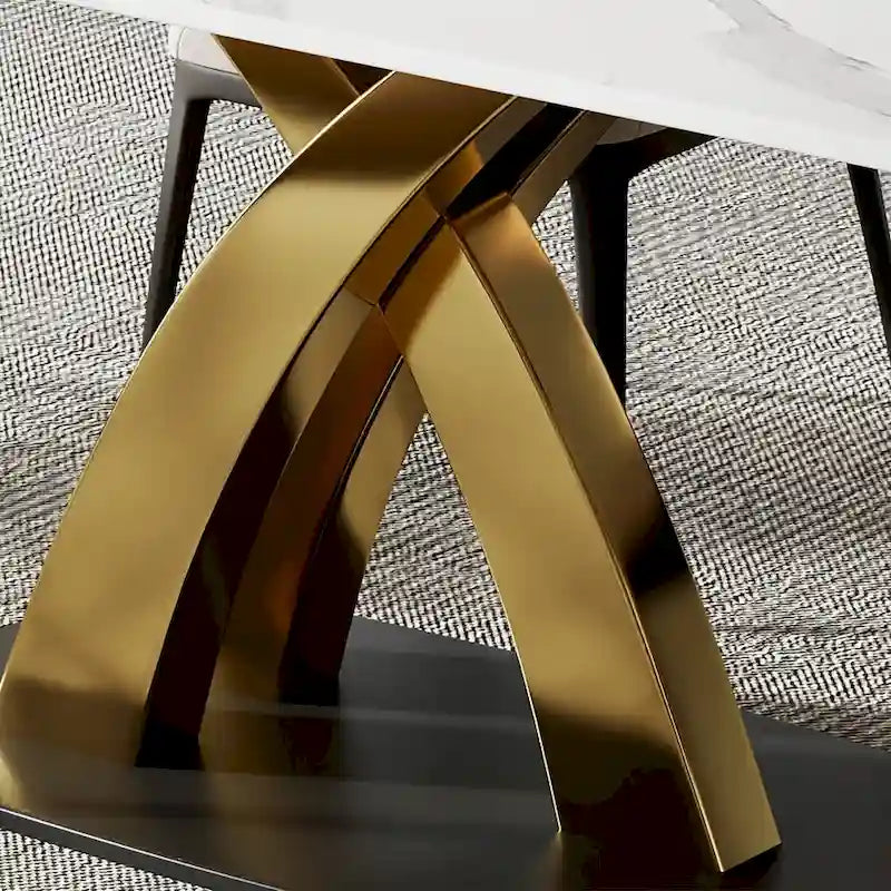 Rectangular Dining Table with Sintered Stone Top and Gold X-Base