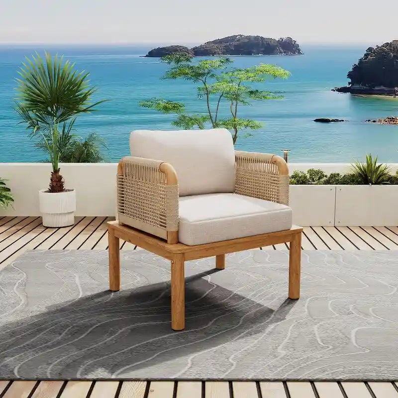 Outdoor Acacia Wood and Rope Club Chair with Cushions (Single) - 26.75in. W X28.75in.DX27.00in. H