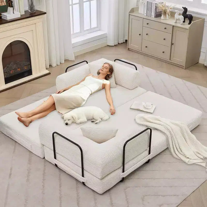 2 In 1 Convertible Sleeper Sofa Bed Couch, Comfy Corduroy Folding Sofa Bed with Deep Seat & Wide Armrest, No Assembly, Boneless Floor Couch