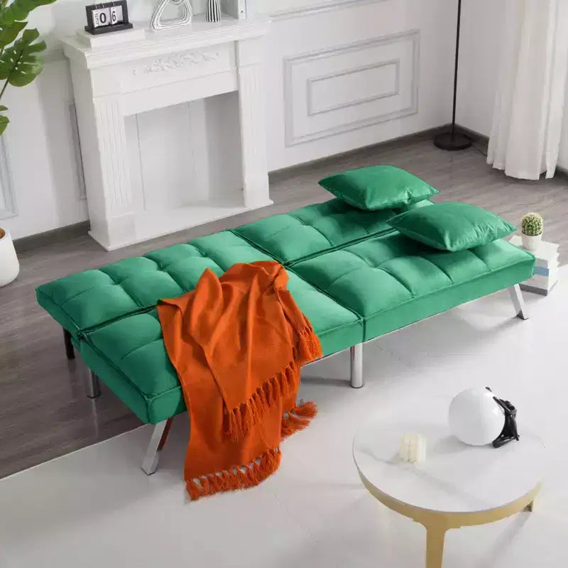 MAYEERTY 67.7 Futon Sofa Bed - 5-Position Adjustable Backrest, Velvet Upholstery, Tufted Design, 2 Pillows