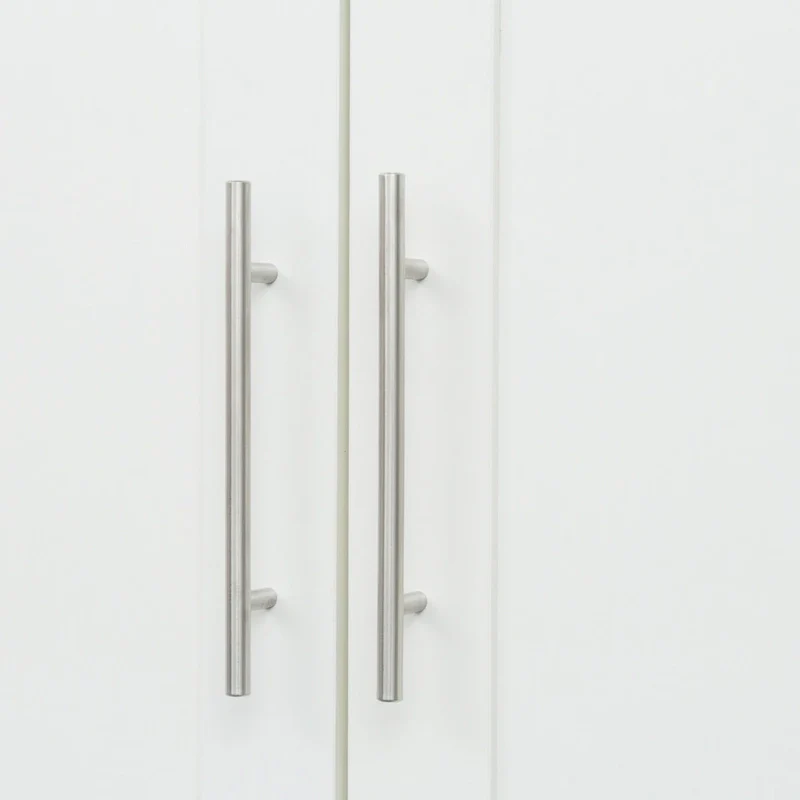 Armoire-penderie en bois blanc avec portes, tiroirs et tringle.