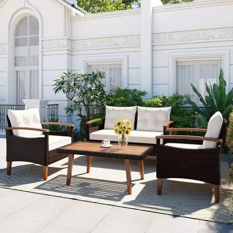 Whisen 4-Piece Weather Resistant Wicker Patio Sofa Set, PE Rattan Outdoor Sectional Sofa Couch Set with Wood Table and Legs, Garden Furniture