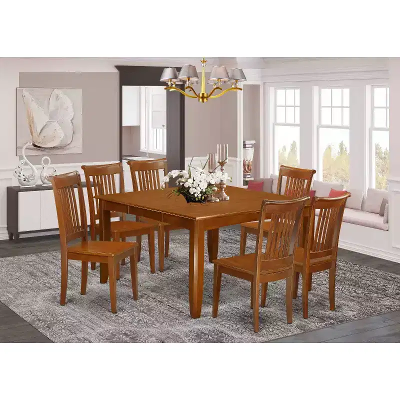 HomeStock 7-Piece Square Saddle Brown Finish Solid Wood Top Dining Table with 6-Chairs
