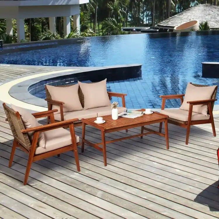 4 Piece Acacia Wood Patio Rattan Furniture Set with Cushions - 45 x 27.5x 29.5 (L x W x H)