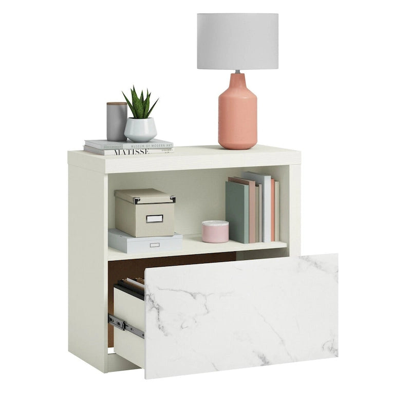 Pearl Oak Lateral File Cabinet with Open Shelf White Marble Drawer
