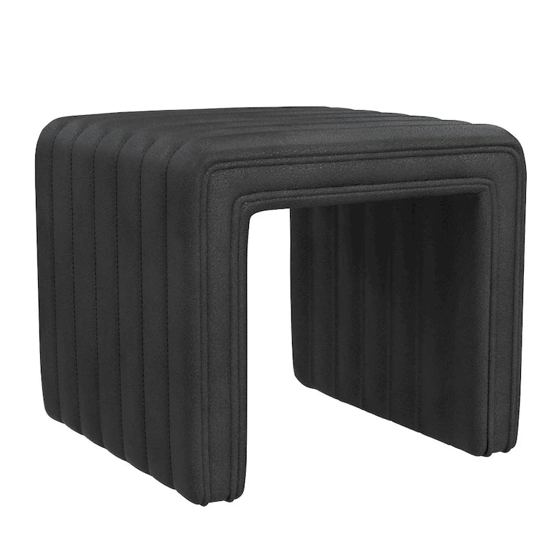 Footstool Ottoman, Channel Tufted Black Faux Leather, 19 Inch