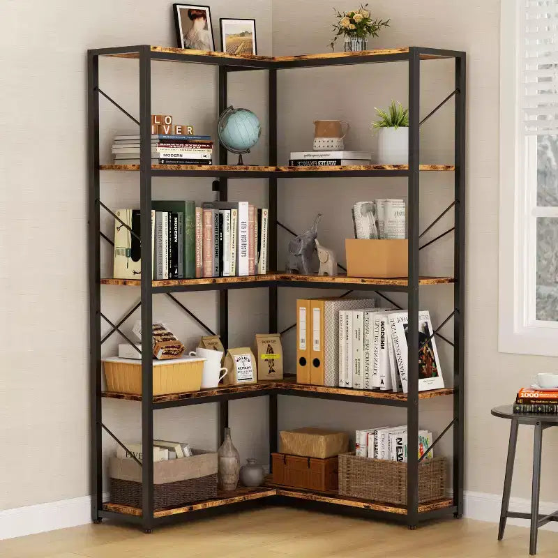 Celebalcony 5 Tier Corner Bookshelf,L Shaped Bookcase,Large Etagere Bookcase,Corner Shelf Display Storage Rack with Metal Frame for Living Room